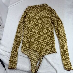 Le Lis Long Sleeve Mesh Bodysuit Size Med Checkered Yellow/Brown High Neck Retro